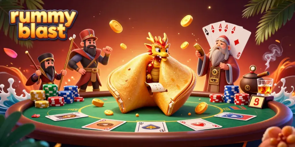 Experience rummy blast with a vibrant casino-themed feast featuring a giant cookie and playful dragon.
