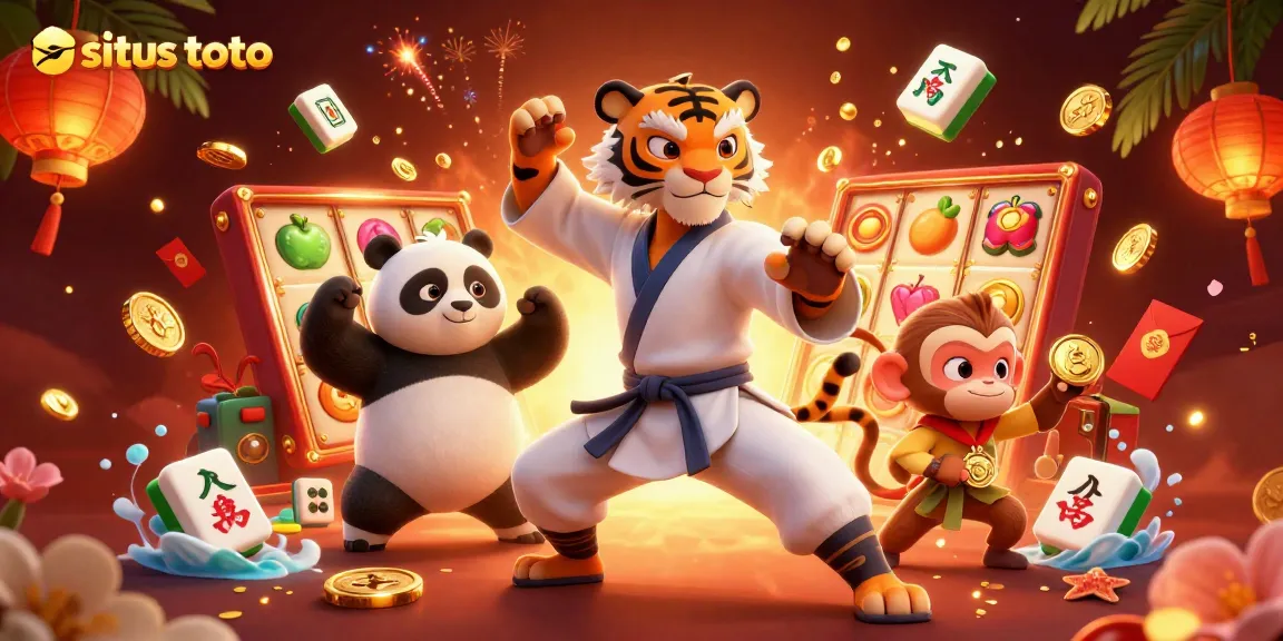 Engage with situs toto through an exciting scene featuring animated characters celebrating alongside rich casino elements.