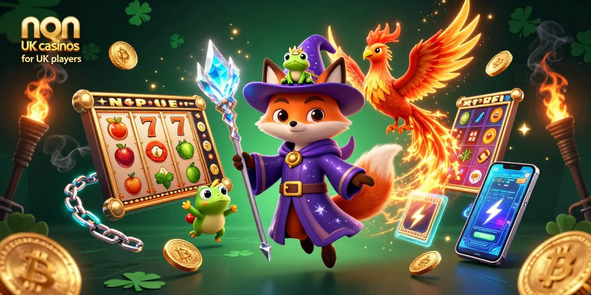 Engaging scene showcasing non UK casinos for UK players with mystical characters and vibrant gaming elements.