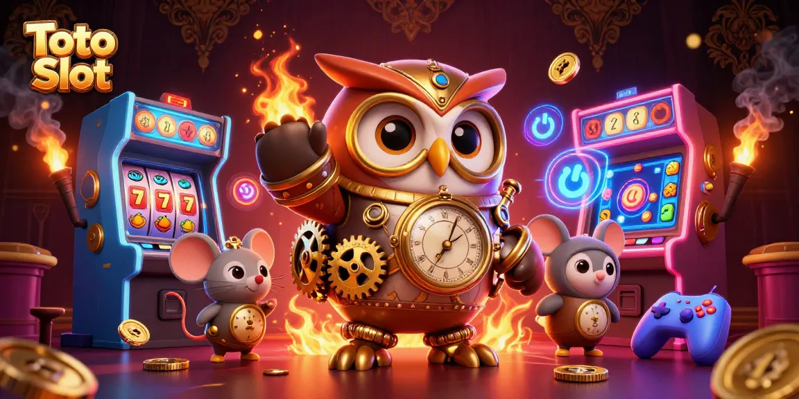Toto Slot showcases an exciting game scene with an owl and mouse amidst slot machines and vibrant gaming elements.