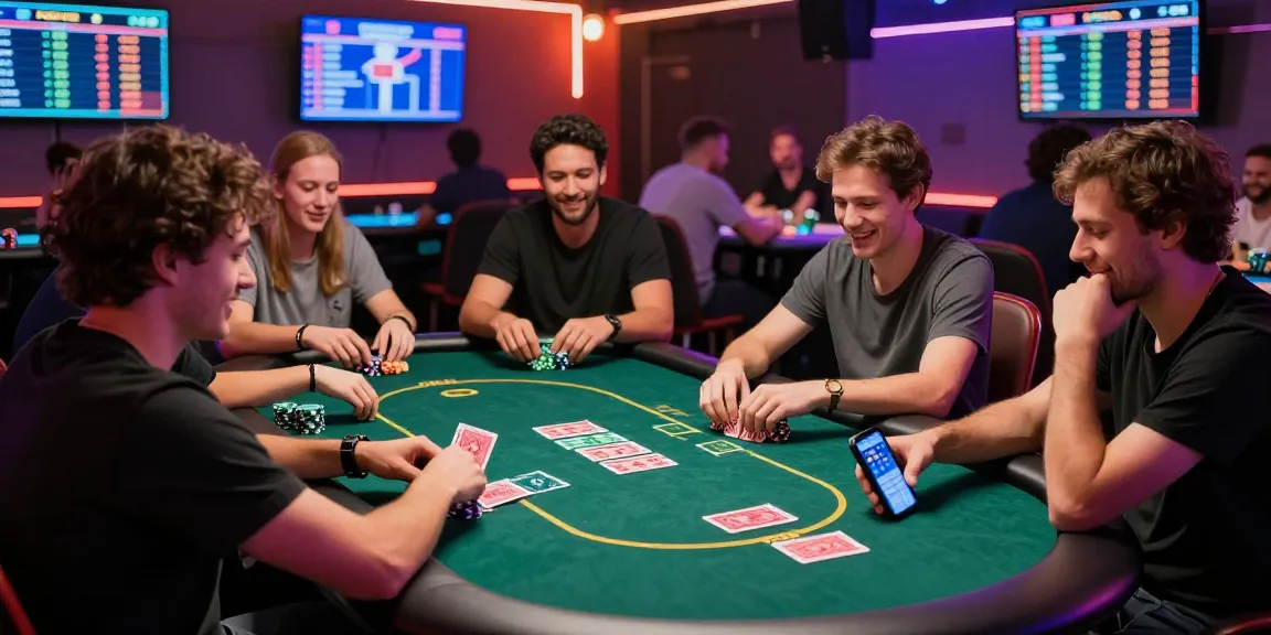 Poker game players engaged in thrilling gameplay amidst colorful lights in a lively gaming lounge.