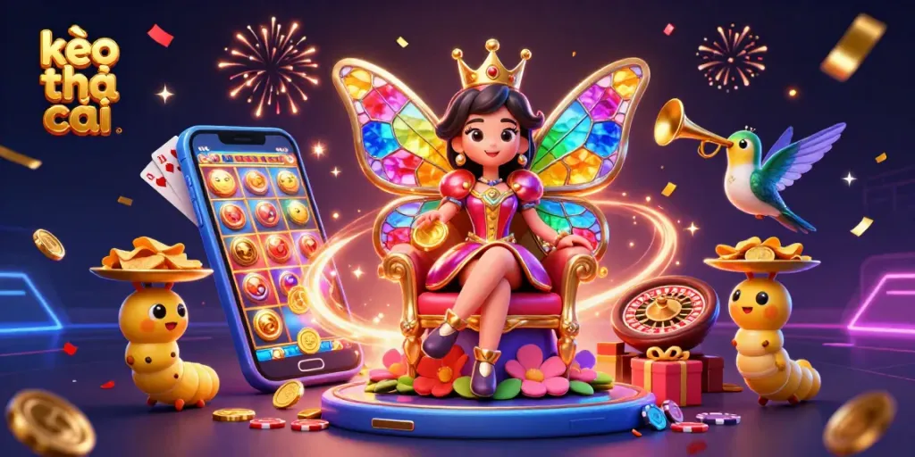 Experience fortune with kèo nhà cái featuring vibrant casino elements and a butterfly queen illustration.