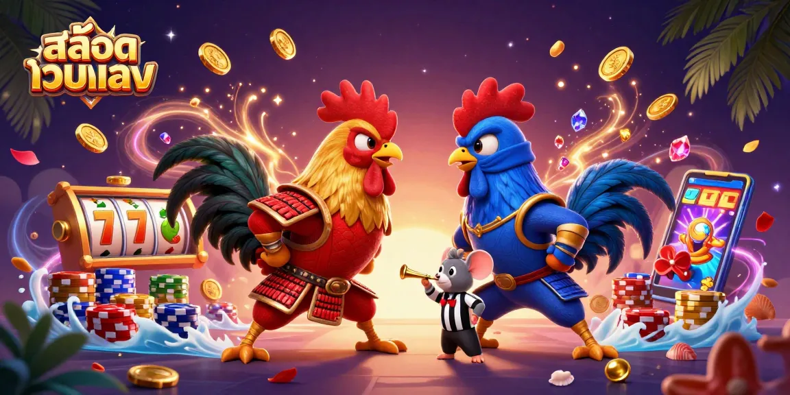 Experience the thrill of สล็อตเว็บตรง with our dynamic 3D illustration featuring fierce roosters and casino elements.