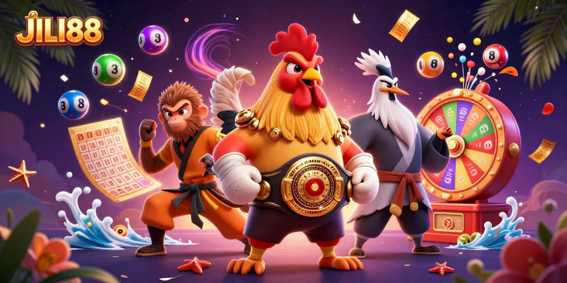 Play JILI88 with dynamic lottery balls, a fierce rooster, and lively atmosphere.
