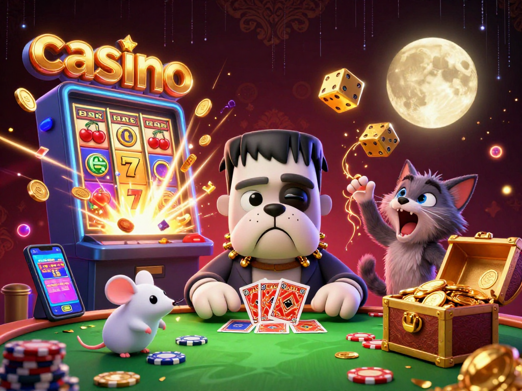 Casino characters interacting in a lively scene with cards, chips, and jackpots.