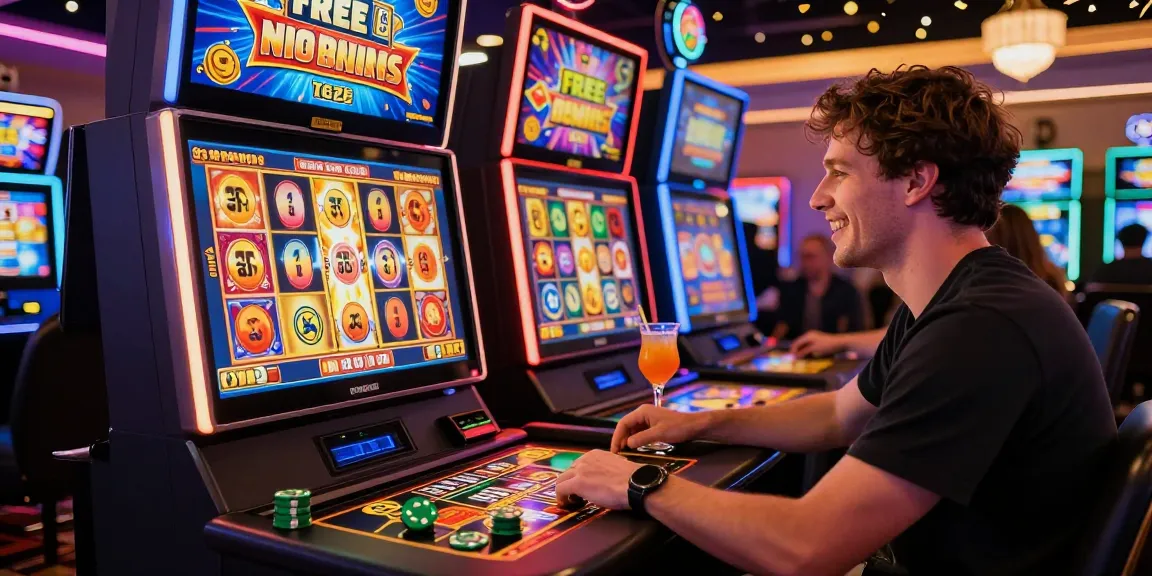 Player enjoying a Free No Deposit Bonus while using vibrant slot machines, showcasing the excitement of online casinos.