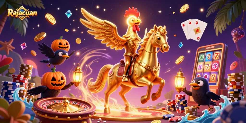 Rajacuan showcases a thrilling casino adventure with golden rooster in a midnight backdrop.