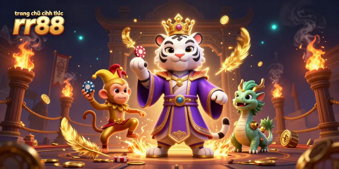 Win big on the trang chủ chính thức rr88 with vibrant casino action, featuring a royal tiger and playful monkey.