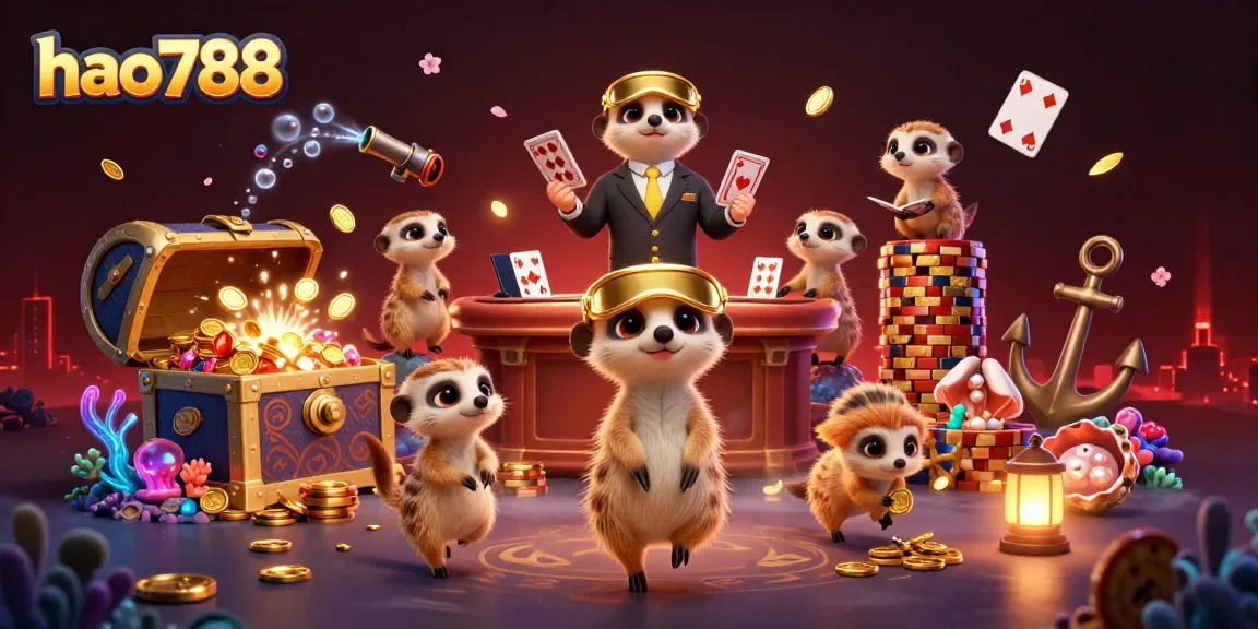 HAO788 mempersembahkan kasino animasi dengan meerkat sebagai dealer dan petunjuk berbaur dengan simbol keberuntungan.