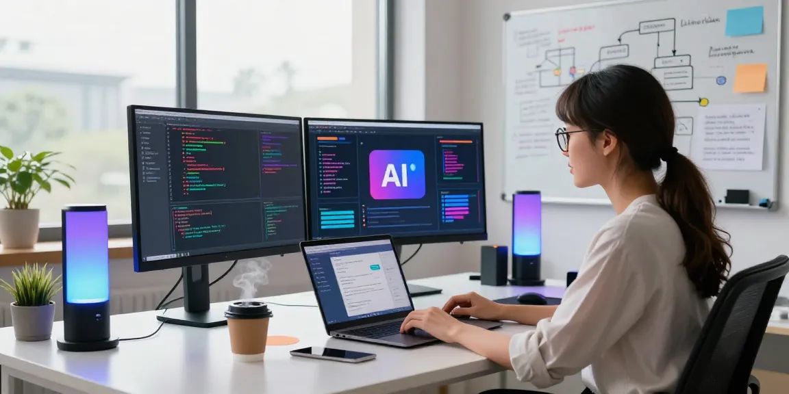Creative workspace showcasing a developer building a spicy AI application, featuring vibrant codes and brainstorming notes.