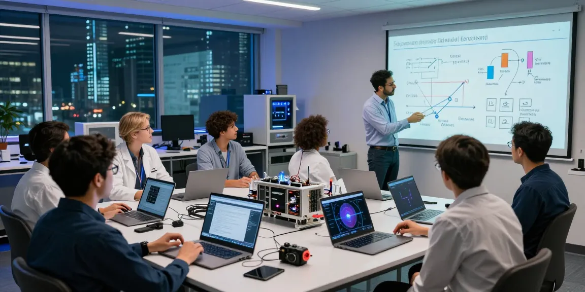 Quantum computing research team collaborating in a high-tech lab