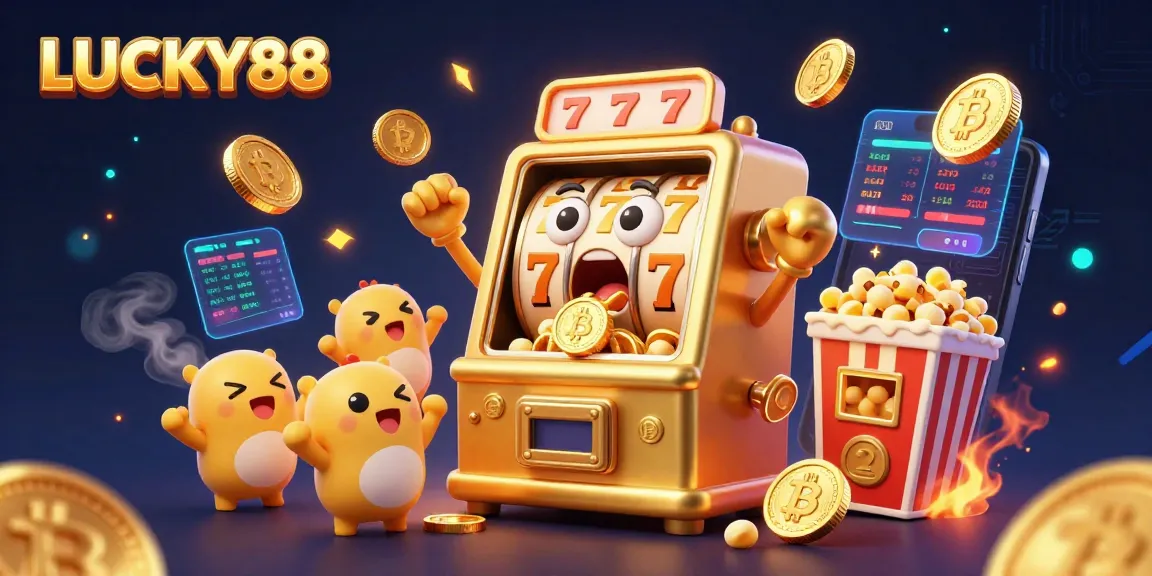 LUCKY88 slot machine celebrates jackpot victory with coins pouring out, surrounded by cheering machines and crypto elements.