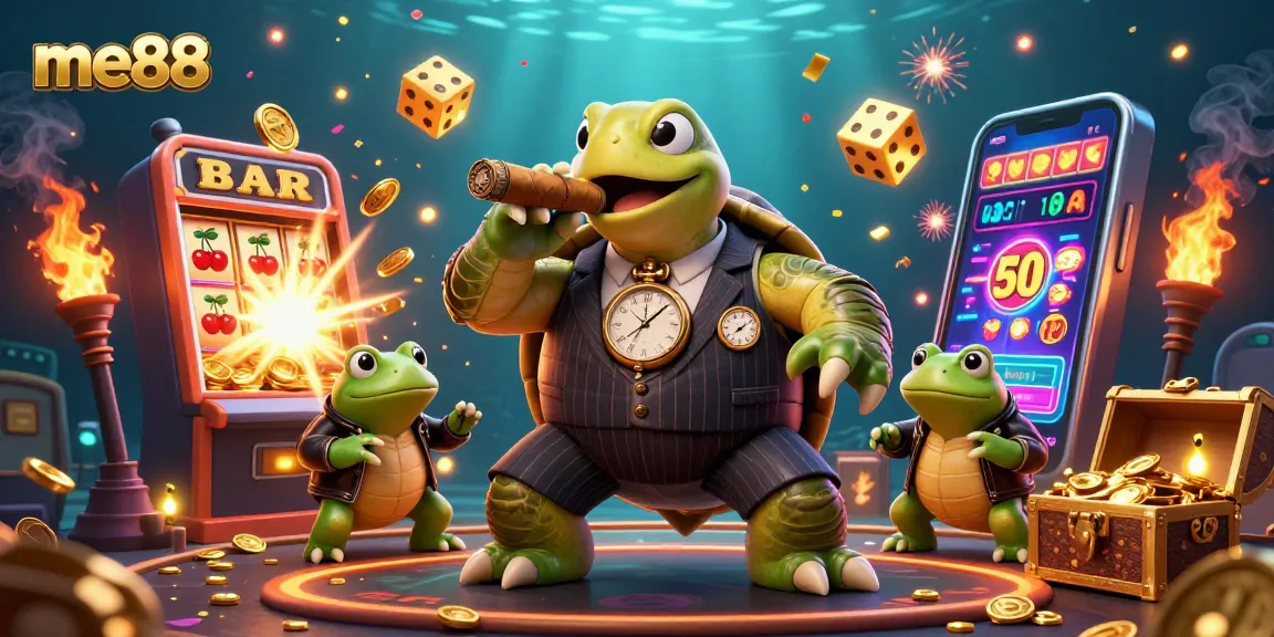 Experience the thrilling atmosphere of me88 with a dynamic casino scene featuring a turtle mobster and bullfrog enforcers.