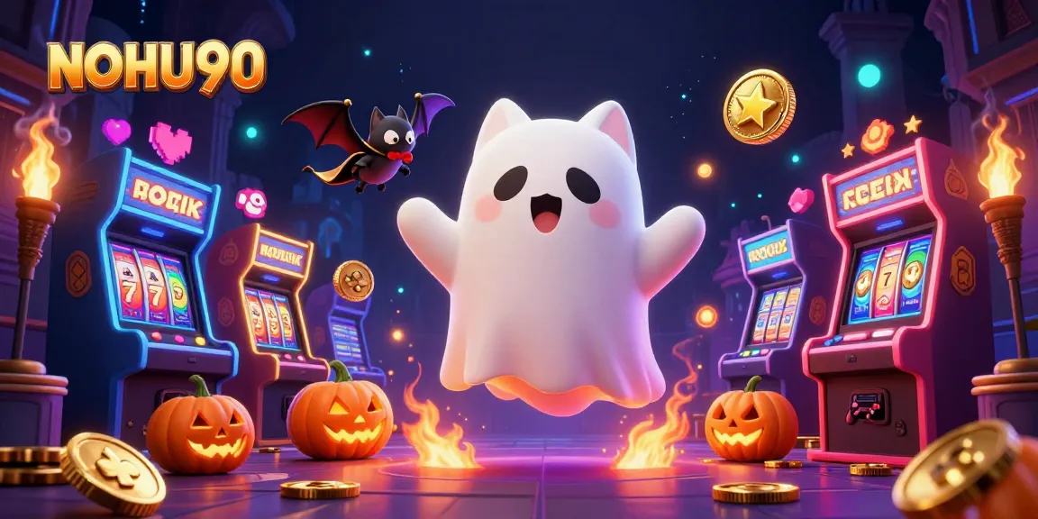 Engage with casino fun and excitement featuring NOHU90's ghost cat amidst vibrant slot machines and Halloween themes.