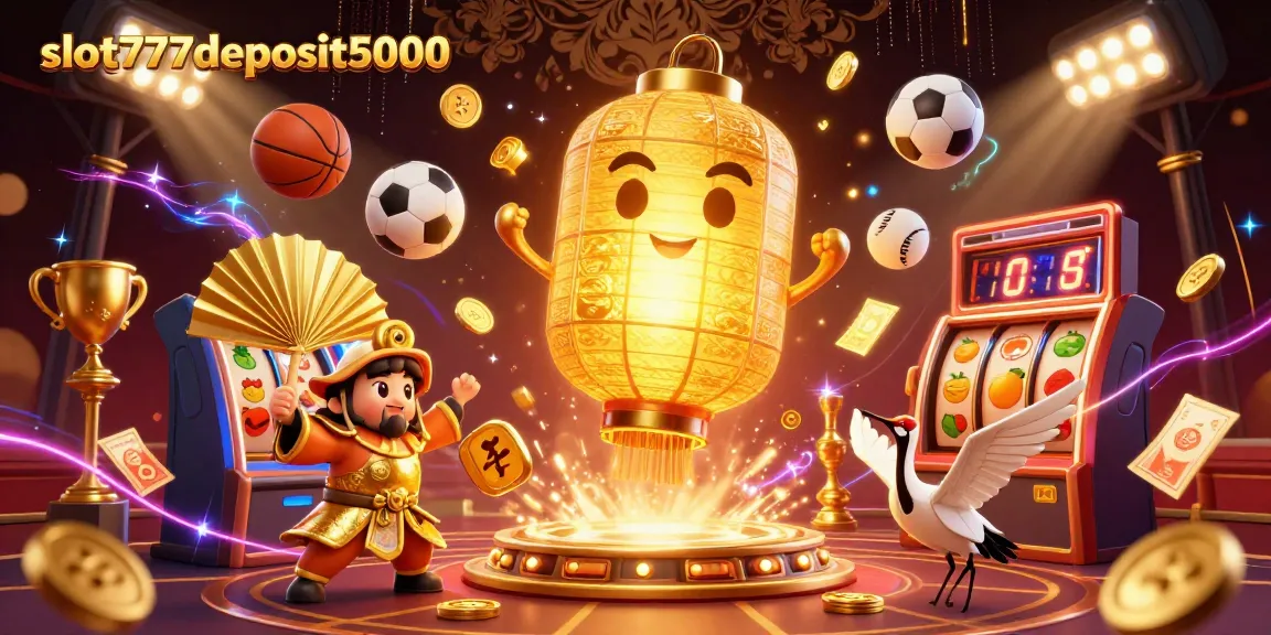 Experience the vibrant world of slot777deposit5000 with captivating slot reels, golden lantern spirit, and dynamic game elements.