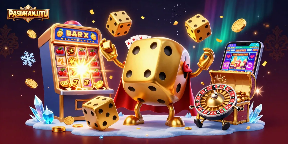 PASUKANJITU showcases a dynamic 3D casino scene featuring a golden dice golem juggling in a jackpot explosion.