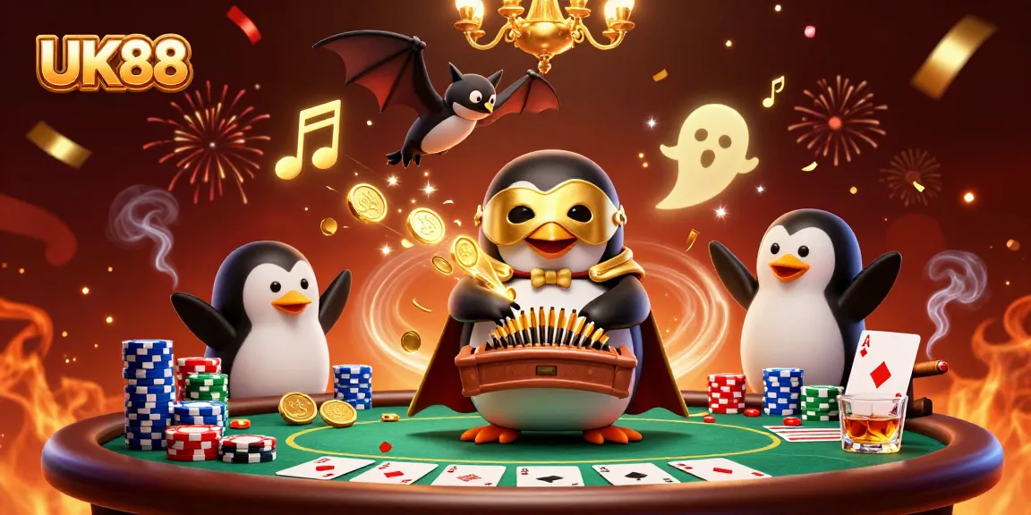 Experience UK88's thrilling gaming scene with a penguin organist and poker action.
