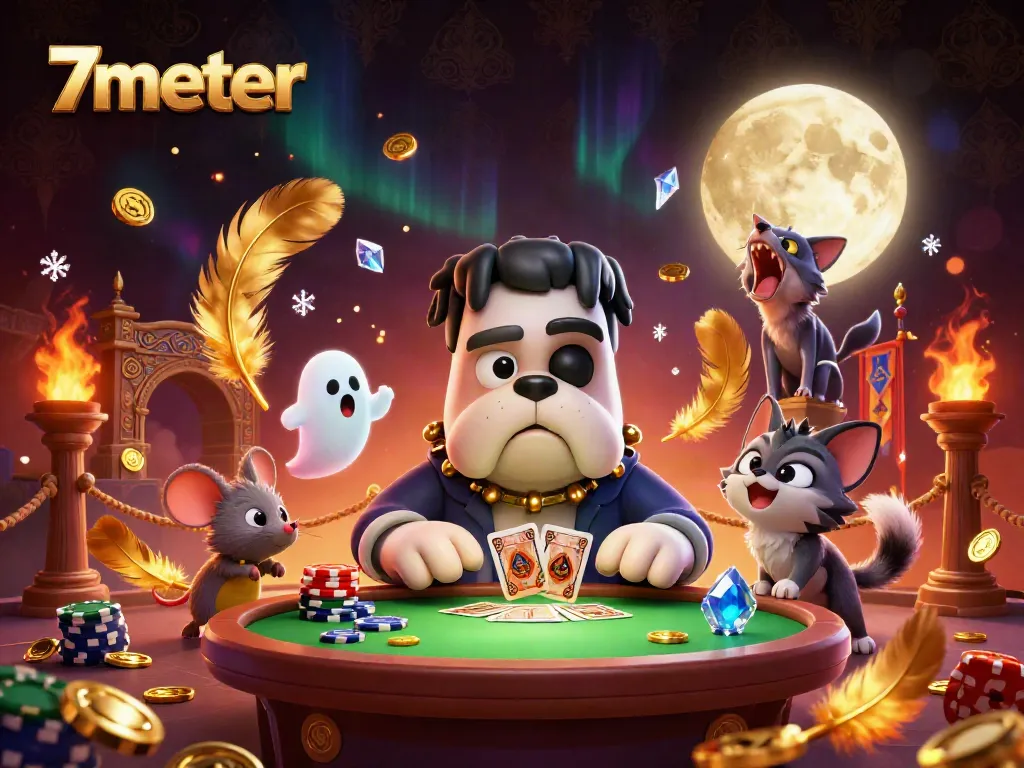 7meter sports betting scene with a cartoon bulldog dealer and gold elements creating thrilling gameplay atmosphere.