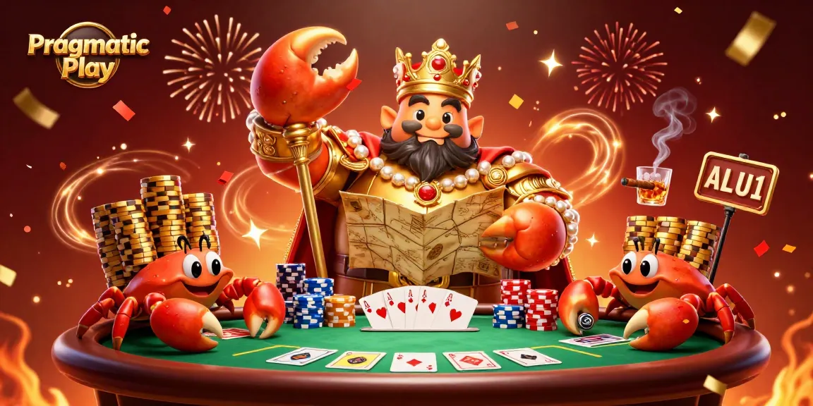 Memenangkan permainan di Pragmatic Play dengan raja kepiting emas raksasa di kasino yang megah.