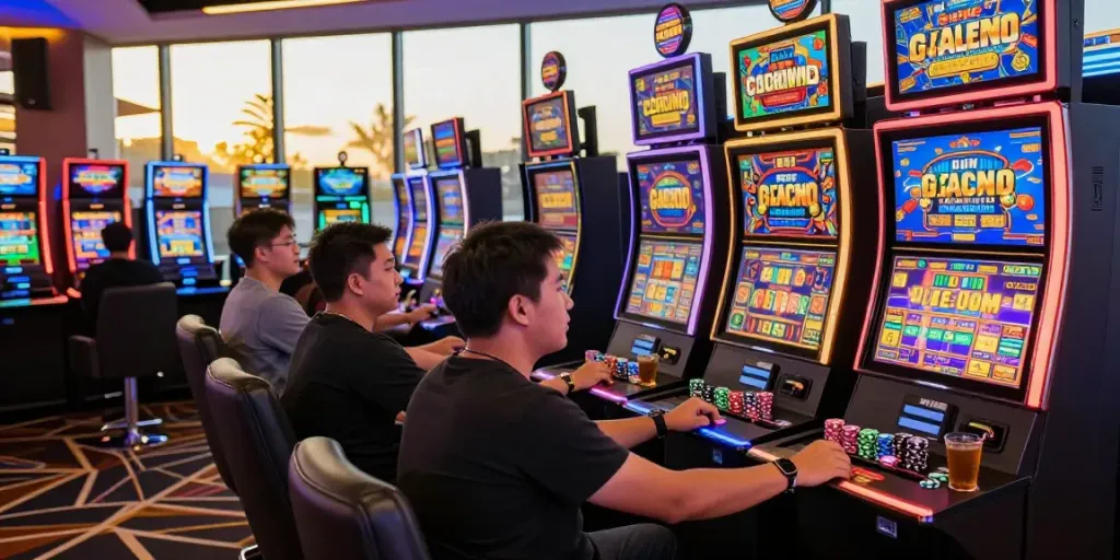 Experience thrilling slot gacor games in an exciting casino atmosphere with vibrant lights and engaged players.