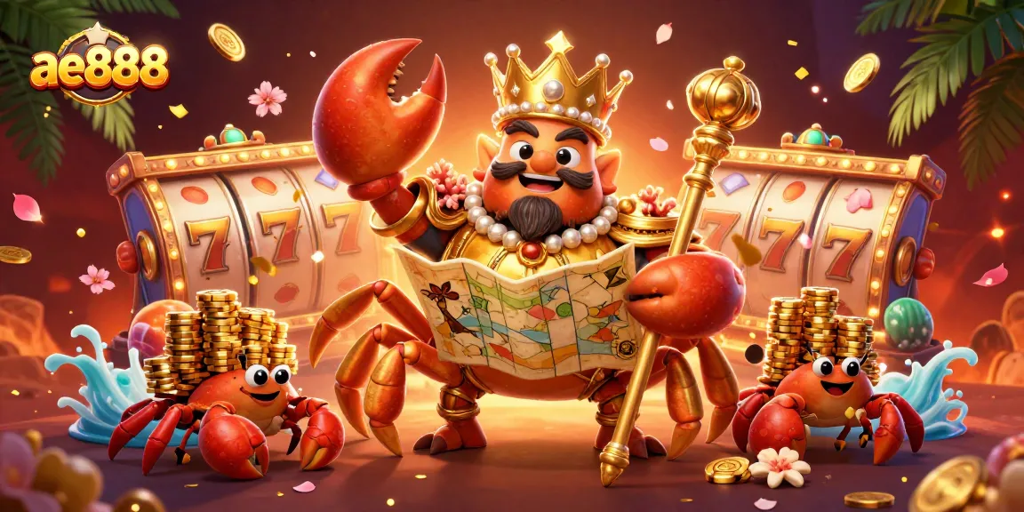 Experience exciting gambling at ae888 with a golden crab emperor surrounded by riches.