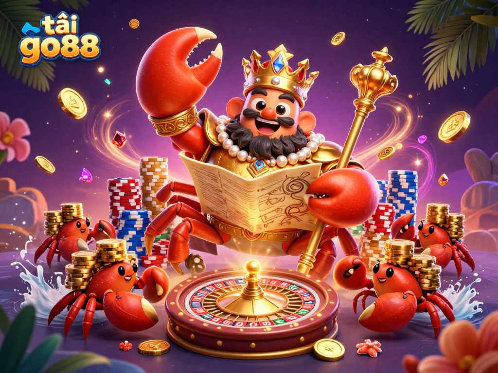 Experience the thrill of tải go88 with golden crab emperor and treasure-filled casino scene.