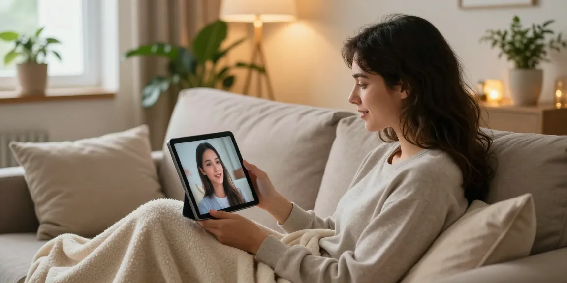 Embracing AI girlfriend in a cozy virtual dating setup with warm lighting and personal comforts.