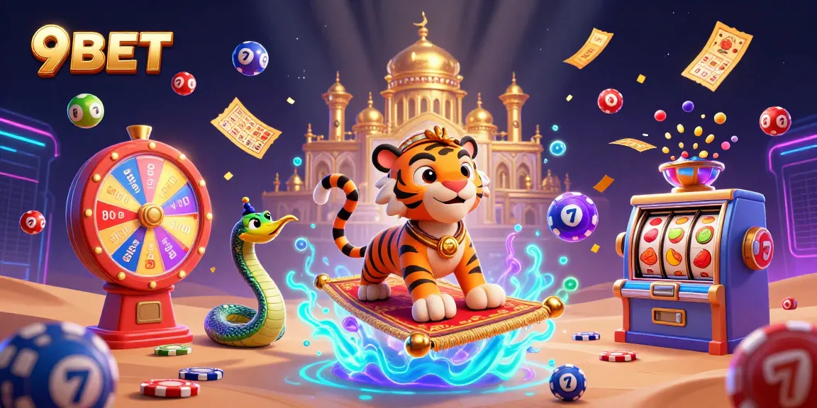 Experience the thrill of 9BET with a vibrant casino-themed 3D illustration showcasing slots, lotteries, and adventure.