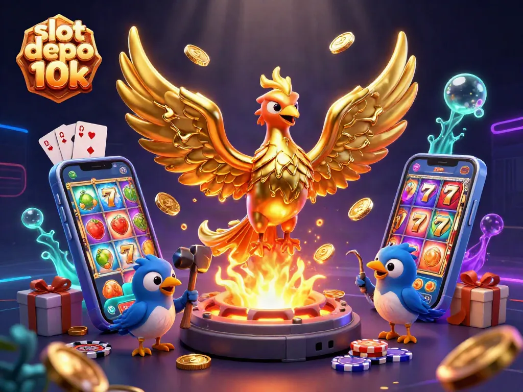 Experience the thrill of slot depo 10k with vibrant 3D illustration featuring a molten golden phoenix and dynamic game elements.
