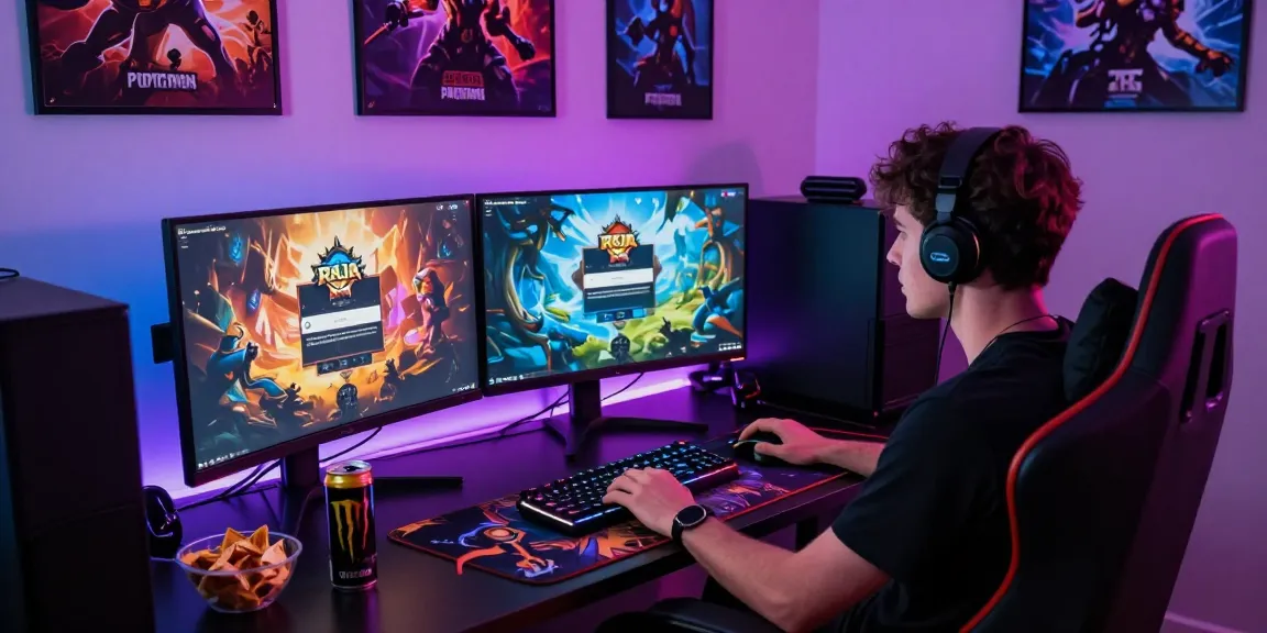 Raja Game login scene with a gamer at an illuminated desk, multi-monitor setup.